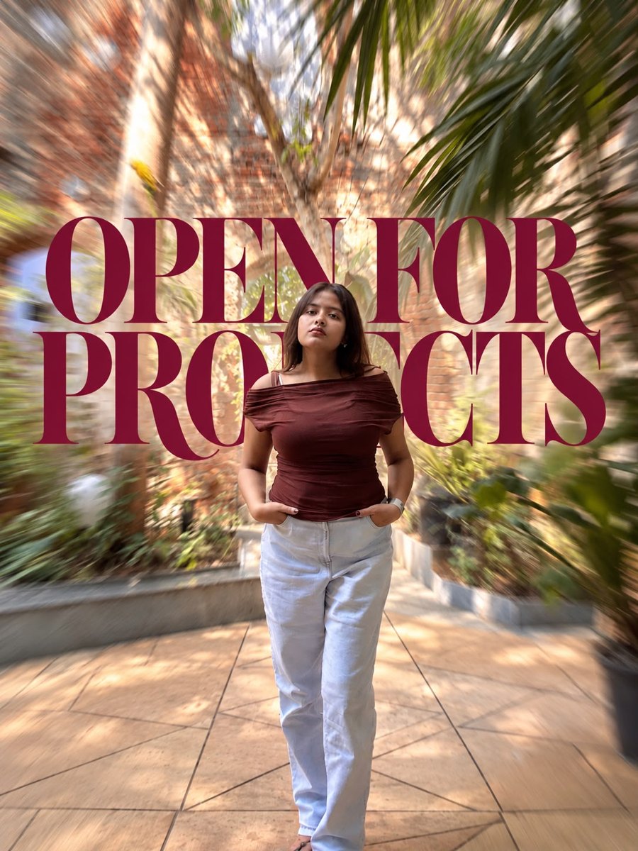 Yukti Pradhan standing in a garden courtyard, with the words Open for Projects behind her