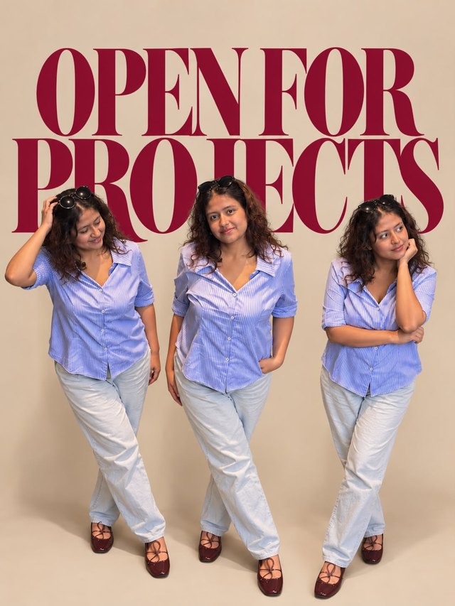 Yukti Pradhan in three poses, wearing a striped shirt, with the words Open for Projects behind her